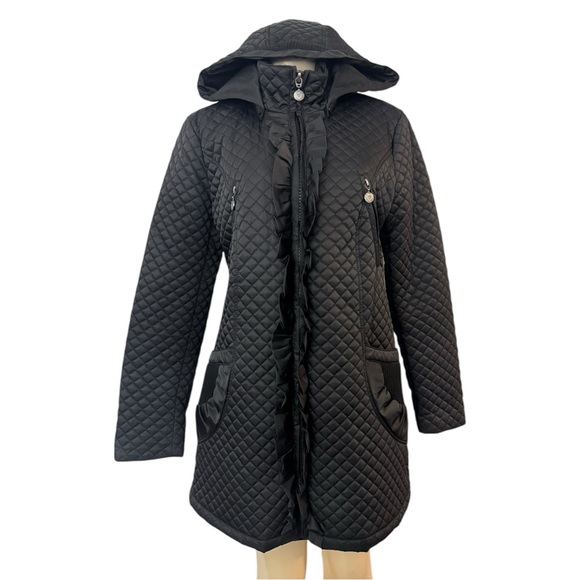 Betsey Johnson Jackets & Blazers - Betsey Johnson Black Quilted Hooded Jacket Zip Ruffle Front Knit Zip Pockets